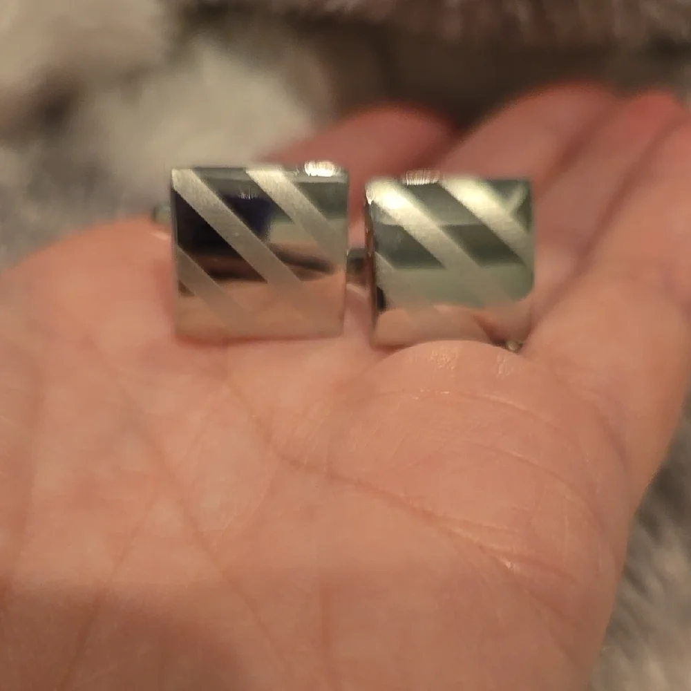 Stainless Steel Matte & Shiny Silver Cufflinks with Diagonal Stripes Brand New